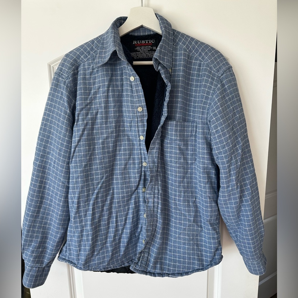 SHACKET in light blue checkered pattern. Many hidden pockets!